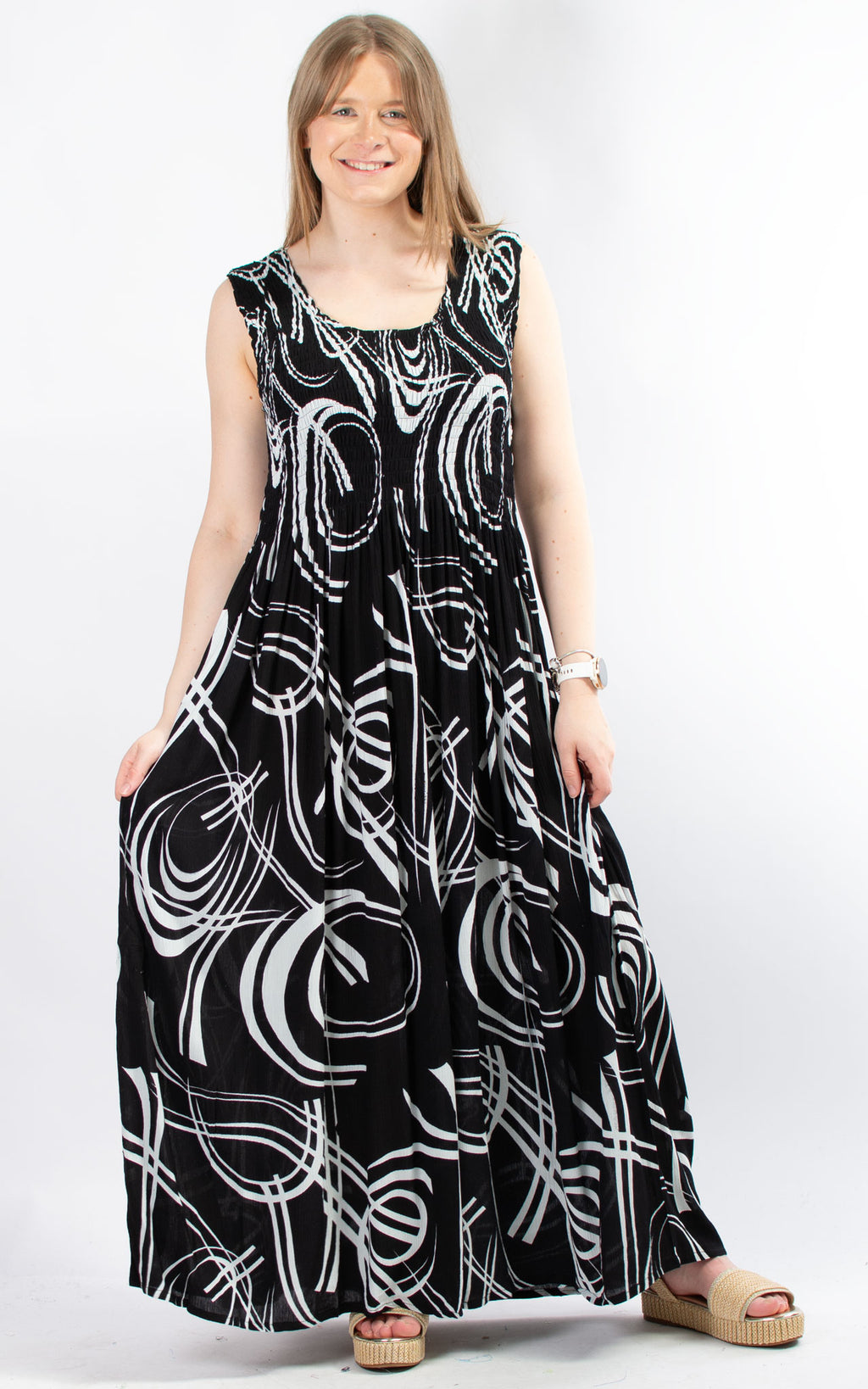 Rita Patterned Dress | Black & White Swirl
