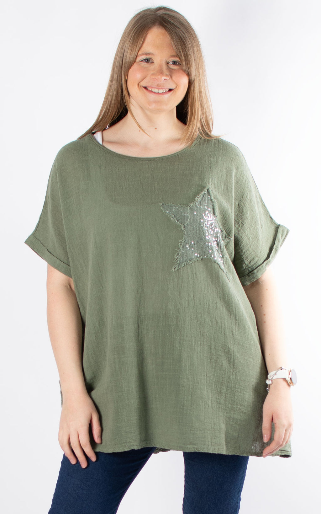 Sequin Star Cheesecloth Top | Khaki