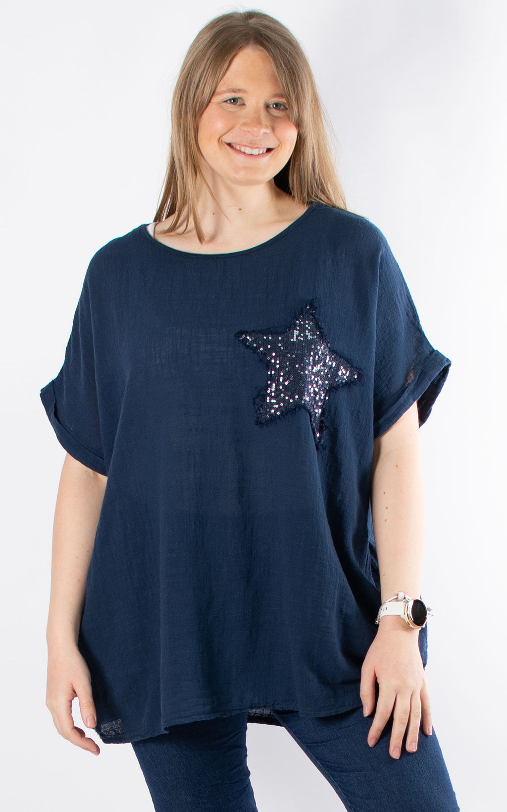 Sequin Star Cheesecloth Top | Navy
