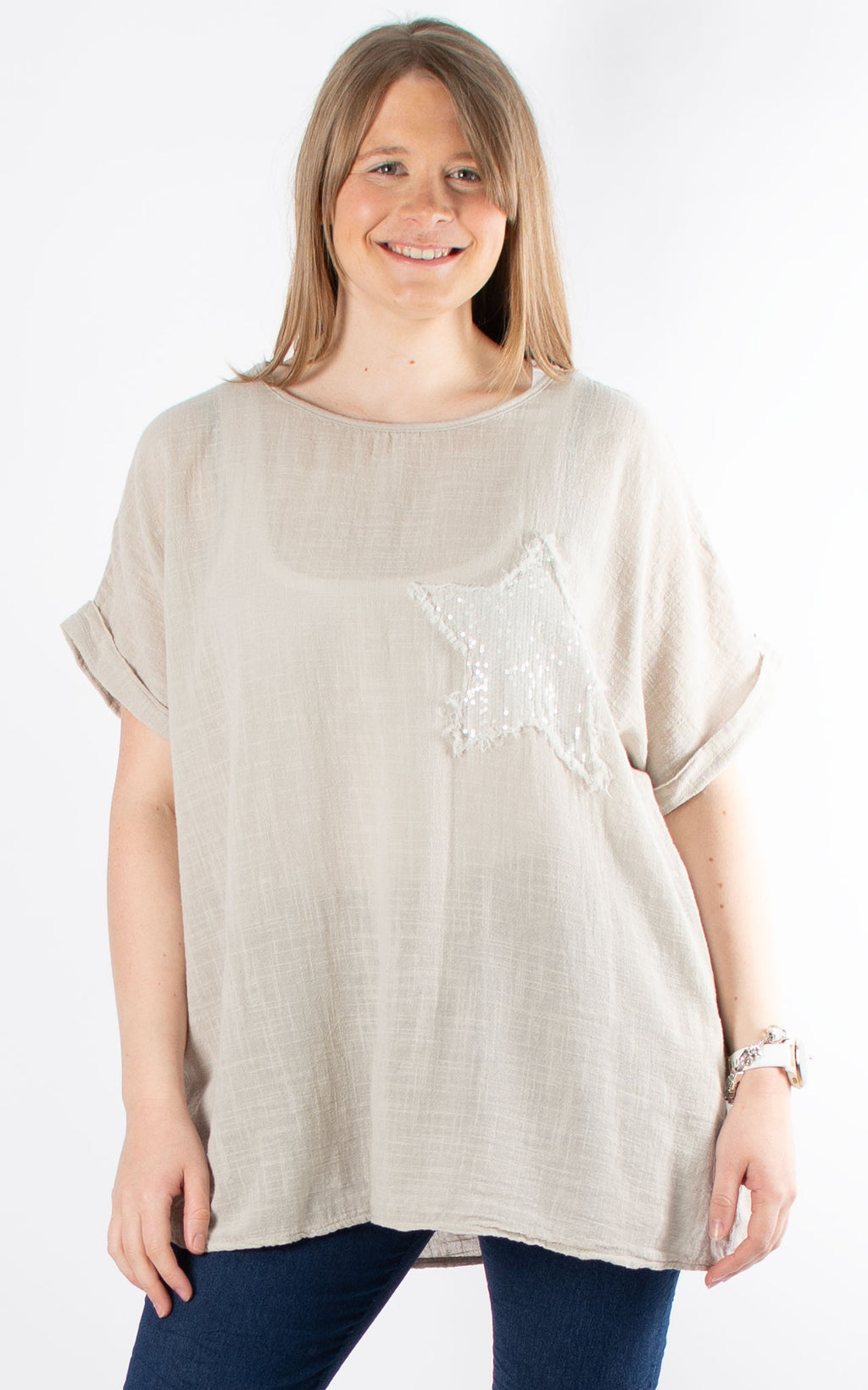 Sequin Star Cheesecloth Top | Stone