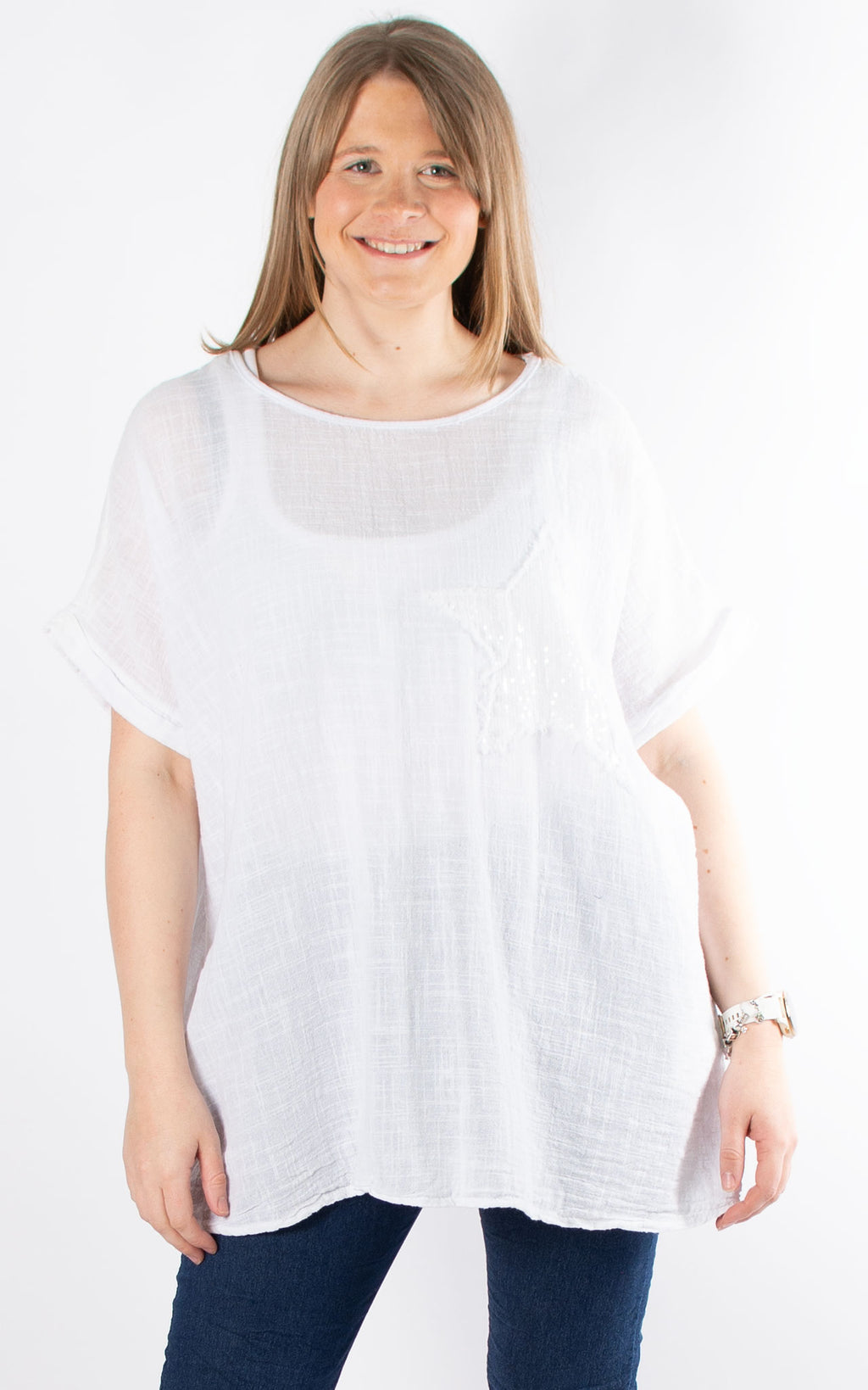 Sequin Star Cheesecloth Top | White